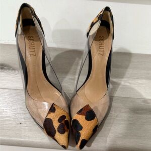SCHUTZ Leopard Print Heels with Clear Panels